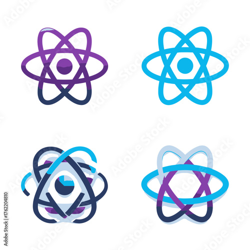 Abstract atom and orbital symbols set. Modern vector icons representing technology, science, data, development, and digital connectivity. Graphic elements.