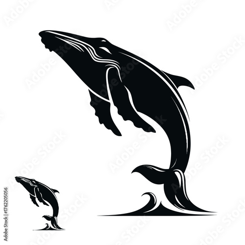 Dynamic black whale silhouette breaching from ocean waves, powerful marine mammal vector illustration for wildlife and nature designs.