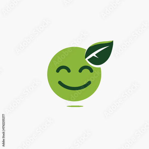 Happy green face with leaf icon. Eco-friendly, organic, healthy lifestyle concept. Environmental nature care symbol.