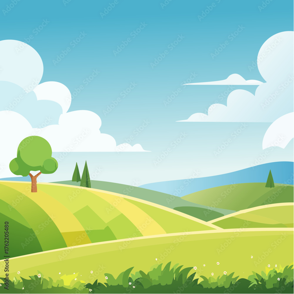 Fototapeta premium abstract Summer Hilly Landscape With Meadows Plants, Blue Sky And Clouds, vector illustration