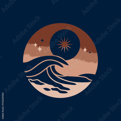 Serene nocturnal ocean wave and starry sky with a celestial body in a minimalist circular graphic illustration, earthy tones.