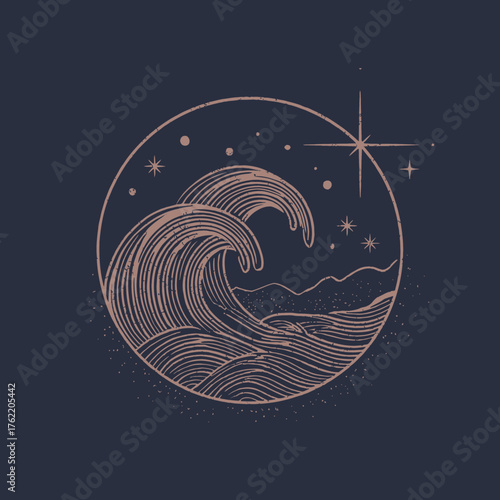 Elegant line art illustration of an ocean wave under a starry night sky with distant mountains, framed in a circle. Mystical nature graphic.