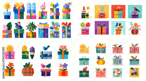 Colorful vector illustration of decorative gift boxes with flowers, birds, and leaves. Ideal for spring holidays, birthday greetings, eco packaging, and cheerful seasonal designs.
