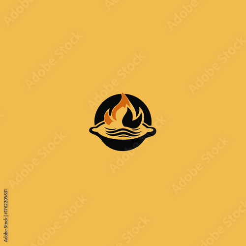 Stylized graphic icon of a vibrant flame above wavy water in a black bowl on a yellow background, symbolizing cooking, heat, energy, or balance.