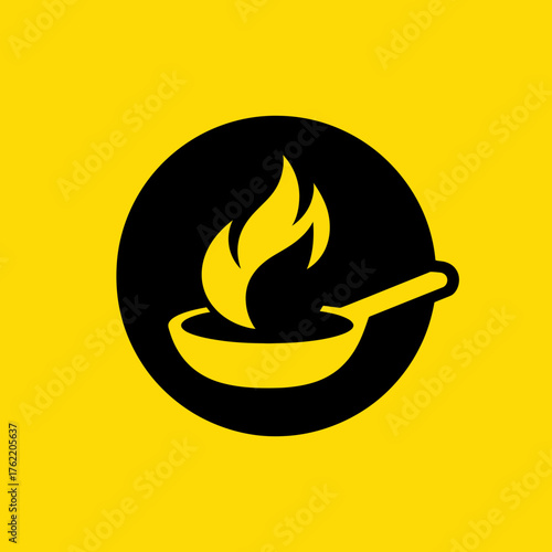 Hot frying pan with burning flames, a simple graphic icon for cooking, food, kitchen, or restaurant concepts, vector illustration.