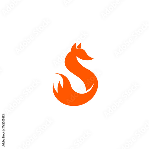 Modern minimalist graphic design of an orange fox creatively shaped as the letter S, vector logo concept illustration