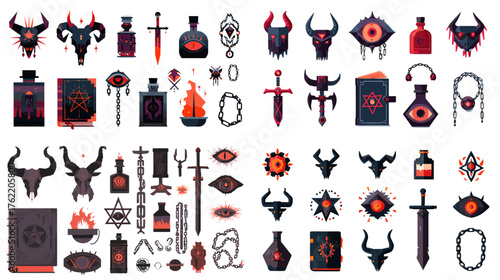 Collection of dark occult symbols including demonic skulls, swords, eyes, books, and potions in red and black tones. Perfect for fantasy games, gothic posters, or horror concept art projects.