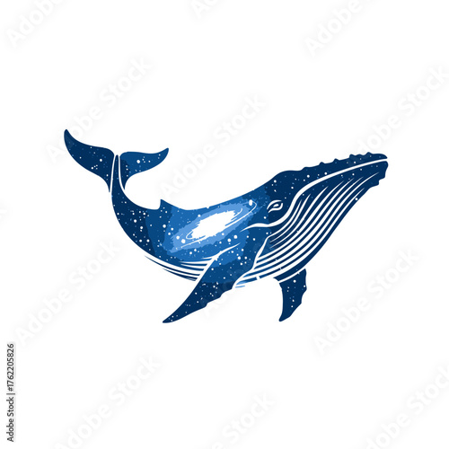 Majestic blue whale vector illustration with a cosmic starry texture, showcasing ocean depths and a vibrant night sky connection.