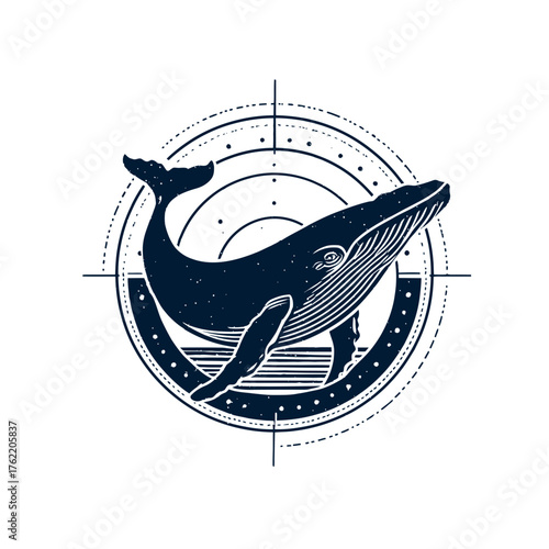 Stylized whale illustration within a circular compass design. Vintage nautical art featuring a majestic marine mammal, perfect for ocean adventure themes.