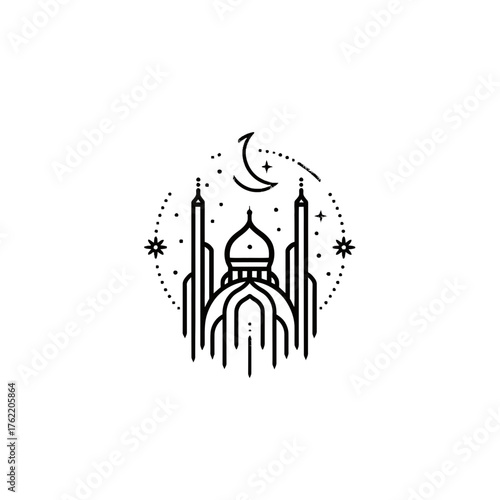 Geometric thin line mosque illustration with crescent moon and stars. Islamic architecture, spirituality, Ramadan, and Eid concept.