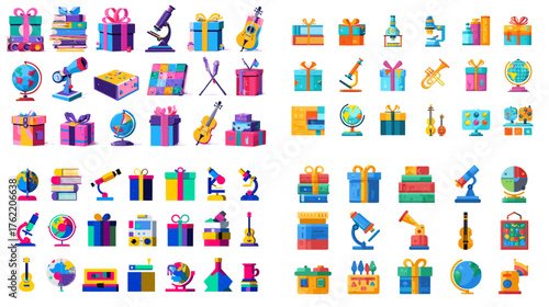 Bright 3D vector icons of globes, microscopes, books, and gift boxes representing science and education. Perfect for school events, teacher appreciation, or learning-themed designs.