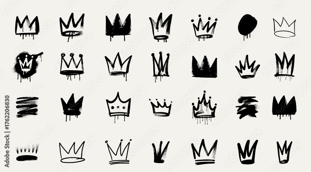 Naklejka premium Set of spray painted graffiti crown sign in black on white. Grunge symbol of the king's crown. Crown, tiara, diadem hand drawn doodle. Template bullet, sticker pack set ink paint brush vector.