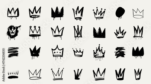Set of spray painted graffiti crown sign in black on white. Grunge symbol of the king's crown. Crown, tiara, diadem hand drawn doodle. Template bullet, sticker pack set ink paint brush vector.