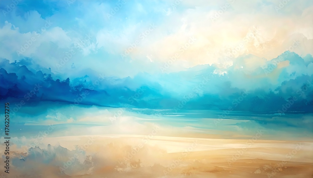 Obraz premium An abstract painting of a serene sky. The image presents a vibrant display of blues, yellows, and whites, with soft cloud formations