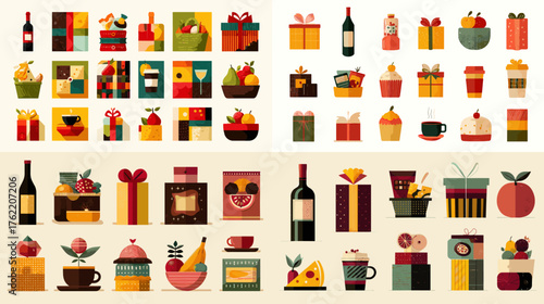 Mid-century modern vector collection featuring wine bottles, gifts, fruits, cupcakes, and coffee cups in warm tones. Ideal for retro packaging, cafe branding, and holiday card designs.