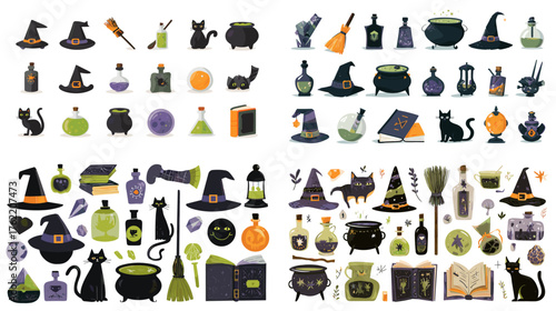 Colorful vector set of witch hats, cauldrons, potions, pumpkins, and black cats. Perfect for Halloween invitations, spooky party designs, stickers, and seasonal digital illustrations.