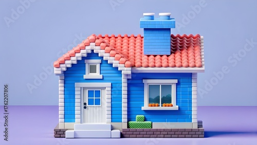 Dreamy blue toy house with coral roof and chimney, perfect for real estate marketing, child's room decor, or a charming addition to any whimsical project