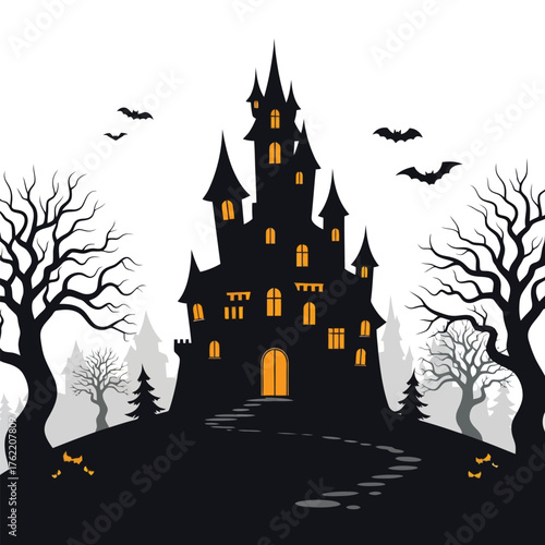 Haunted castle with glowing windows, bats, and spooky trees