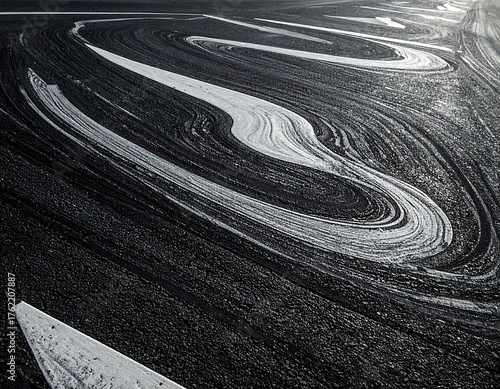 An aerial view reveals a stark grayscale pattern of liquid swirls, contrasting light and shadow. Geometric forms hint at a modern landscape, a natural aesthetic