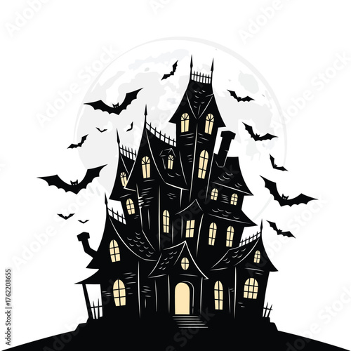 Scary haunted mansion with bats and full moon isolated on white background