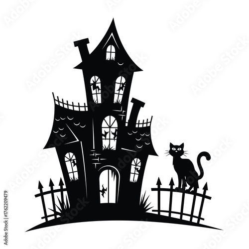 Silhouette of a haunted house with a black cat on a fence