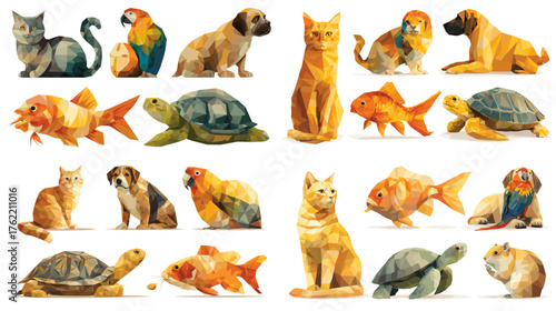 Colorful low-poly animals including cats, dogs, fish, turtles, and parrots in geometric style. Perfect for modern wildlife posters, kids' education materials, and polygon art design projects.