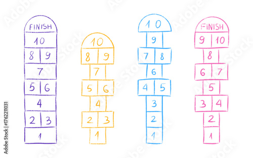 Hand drawn chalk hopscotch game grids with numbered squares and finish labels. Classic playground hop scotch templates for children activities or educational materials. Kids outdoor recreation.