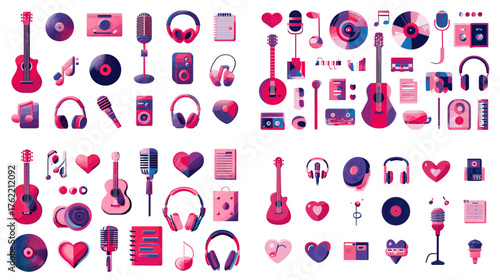 Vibrant vector set of guitars, headphones, vinyl records, microphones, and love-themed music elements. Perfect for retro audio posters, DJ logos, playlists, and music festival designs.