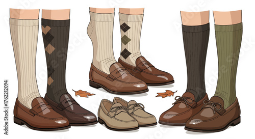 Collection of smart loafers and patterned socks, perfect for a sophisticated and stylish casual wardrobe