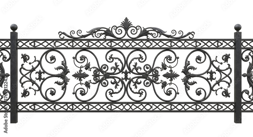Fototapeta premium Elegant wrought iron fence with intricate scrollwork adds classic charm to any property design