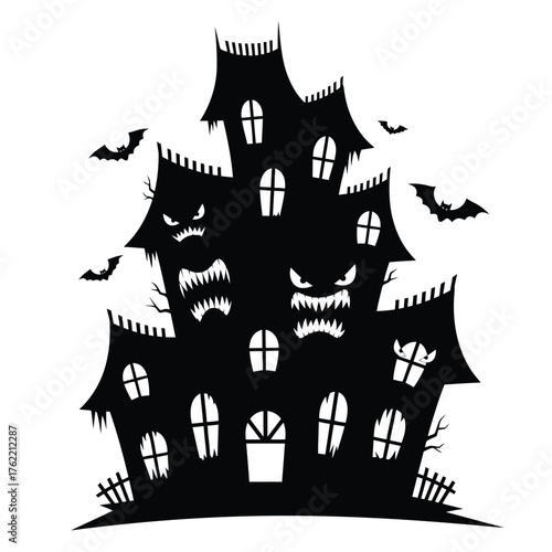 Scary haunted house with bats flying around isolated on white background
