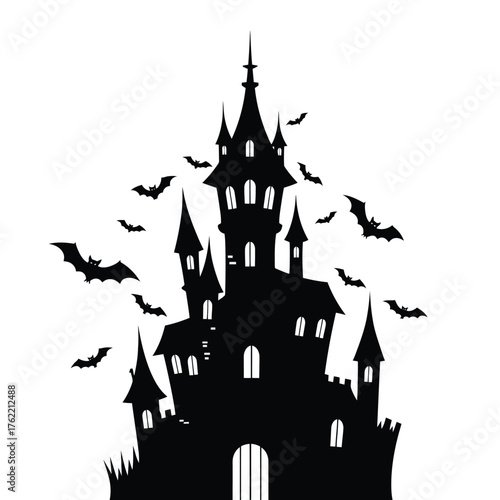 Silhouette of a haunted castle with bats flying around isolated on white background