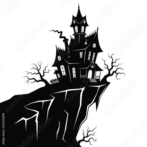 Haunted house on a cliff edge with dead trees isolated on white background