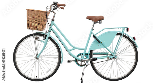 Retro style mint green bicycle with wicker basket on the front and brown leather seat isolated on transparent background