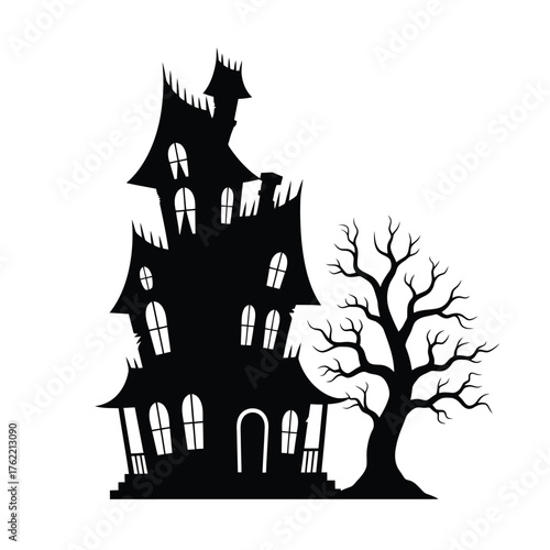 Silhouette of a haunted house with a spooky tree isolated on white background