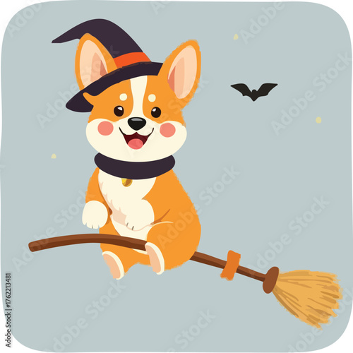 Adorable Welsh Corgi Dog Riding Broomstick Vector