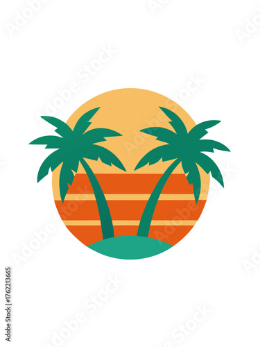 Stylized vector illustration of palm trees silhouetted against a retro sunset icon