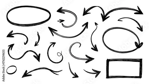 Collection of hand drawn black arrows shapes and elements for design direction and annotation