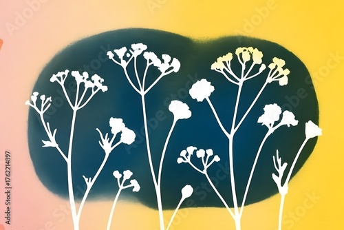 White wildflowers silhouetted against a dark oval on a gradient background