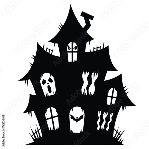 Spooky haunted house silhouette with ghost and bat isolated on white background