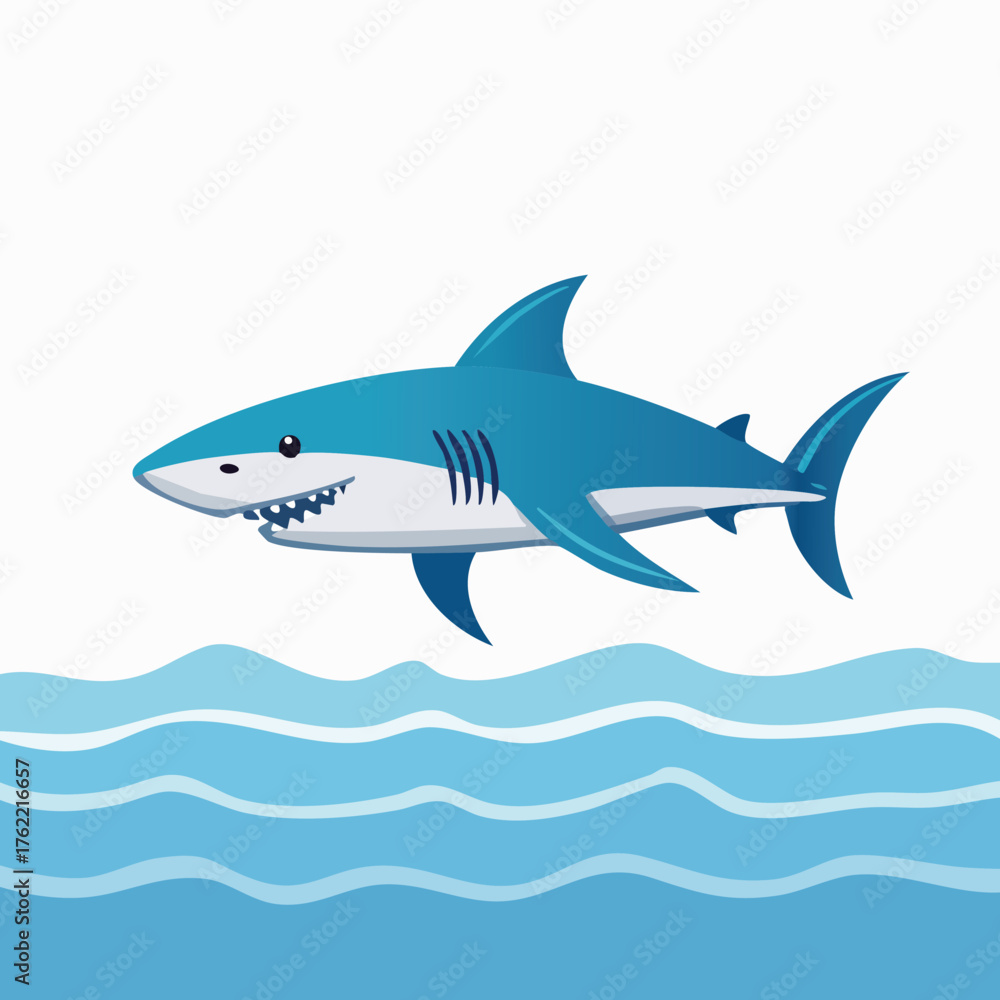 Obraz premium Cartoon Blue Shark Swimming Above Wavy Water