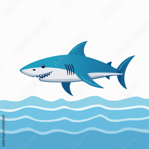 Cartoon Blue Shark Swimming Above Wavy Water