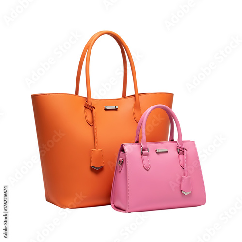 Two stylish handbags one orange and one pink isolated on transparent background