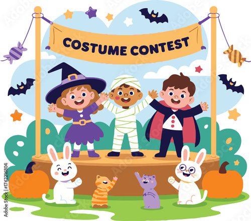 Children in Halloween costumes on stage with animals and pumpkins costume contest kids