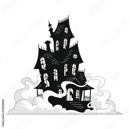 Silhouette of a haunted house surrounded by swirling fog