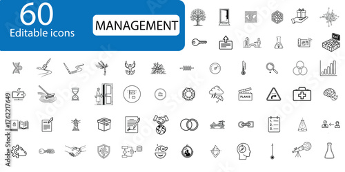 Collection of 60 editable business management icons in a clean line art style for digital and print use