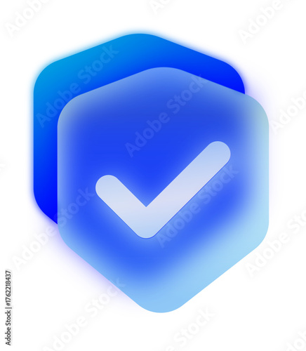 Security Shield Icon with Check Mark in Glassmorphism Style on a Transparent Background.
