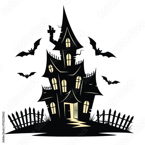 Spooky haunted house silhouette with bats isolated on white background