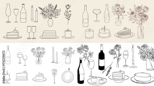 Minimalist line art vector illustration showing elegant table elements—wine glasses, bottles, cakes, candles, and flowers. Ideal for restaurant logos, invitations, or modern celebration designs.