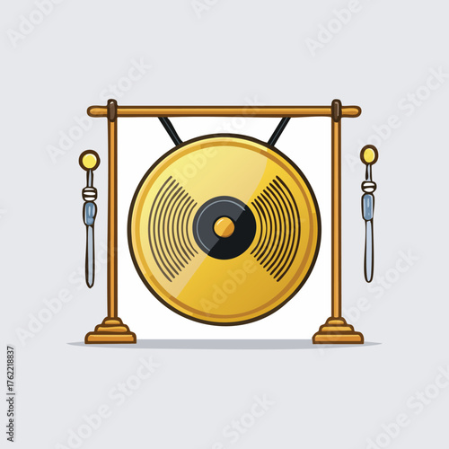 Cartoon Illustration of a Golden Gong with Mallets